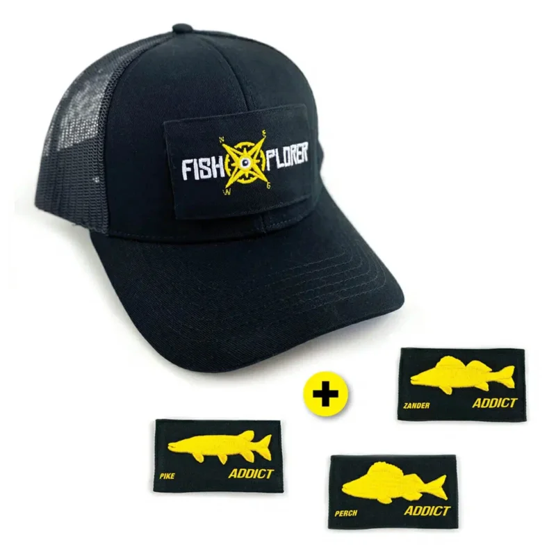 FishXplorer Set-Trucker Cap Wasser- & Uv Resistent Schwarz mit 4 Patches: Fishxplorer, Hecht, Barsch, Zander Preis Gesenkt