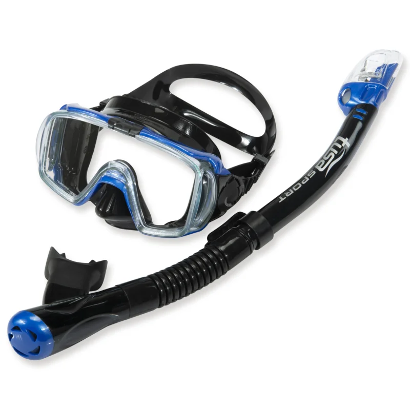 Tusa Schnorchelset Belize - 3-Glas Maske mit Trockenschnorchel - blau Echt
